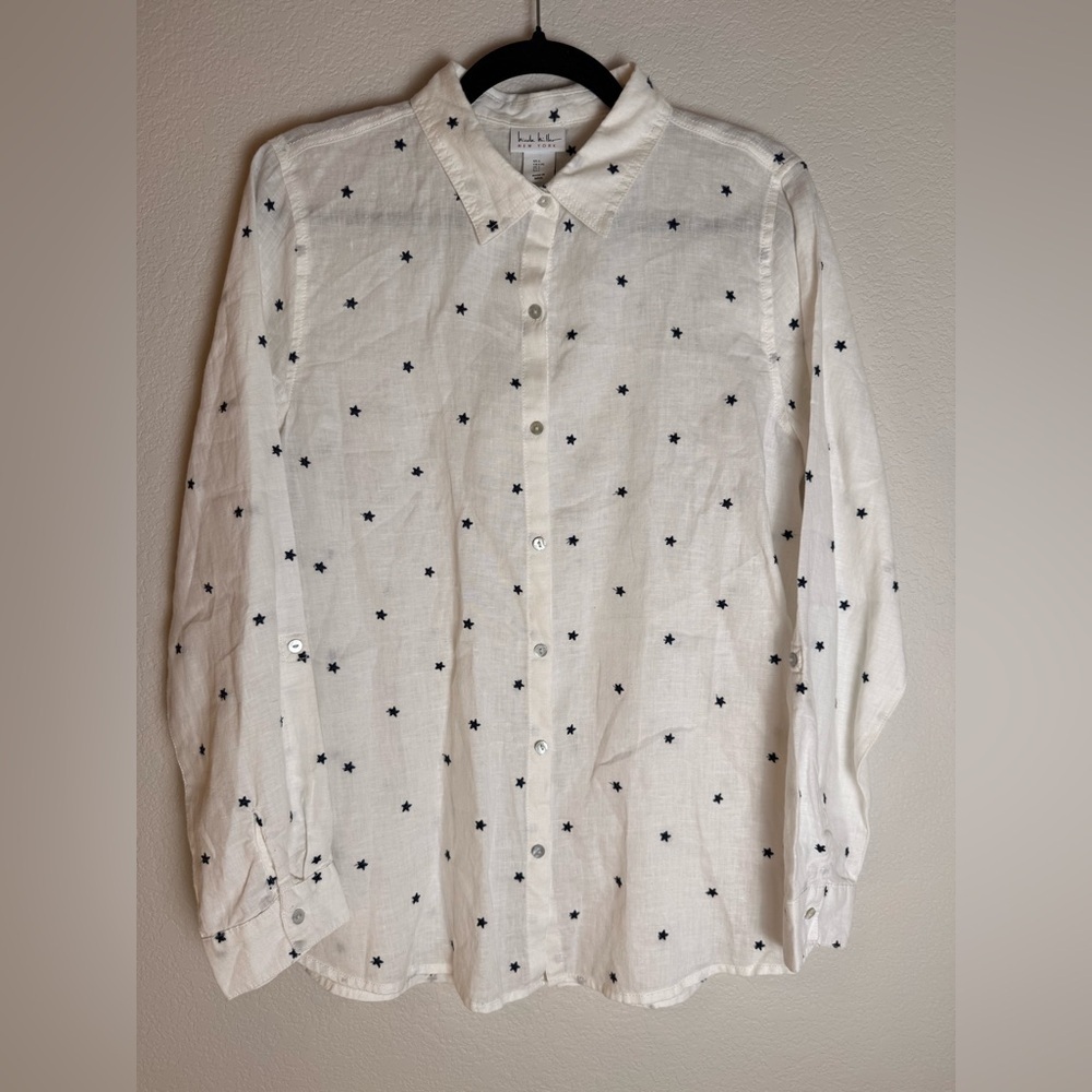 Nicole Miller White 100% Linen Shirt with Blue Star Pattern Sz Large